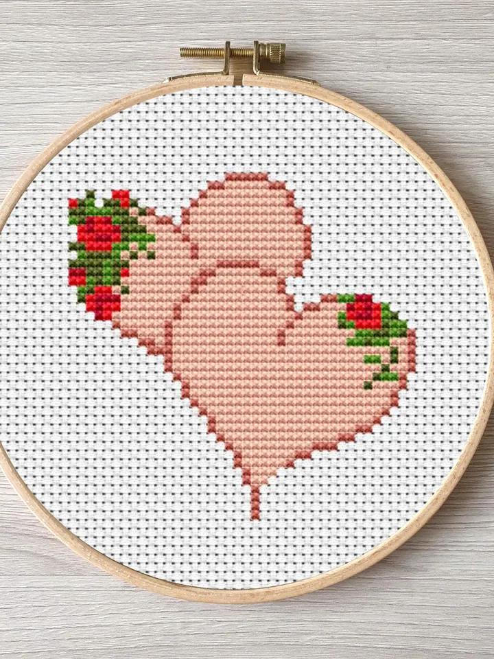 Two hearts pattern pdf cross stitch, Easy embroidery DIY, small pattern for Valentine's Day
