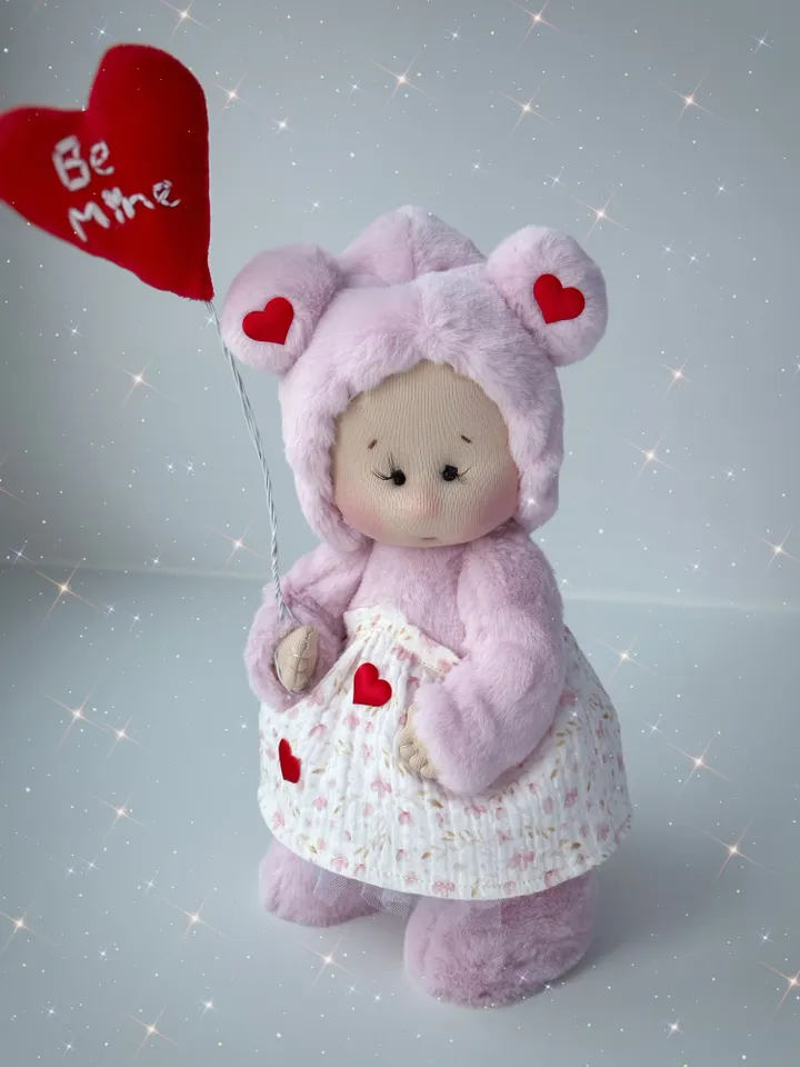 Memory bear doll. Handmade Valentine doll. Soft plush doll with heart. Gift for her.