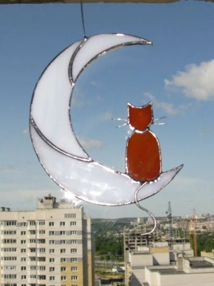 Ginger Cat On The Moon stained glass window hanging Suncatcher . Gift for animal lover , pet loss memorial , orange