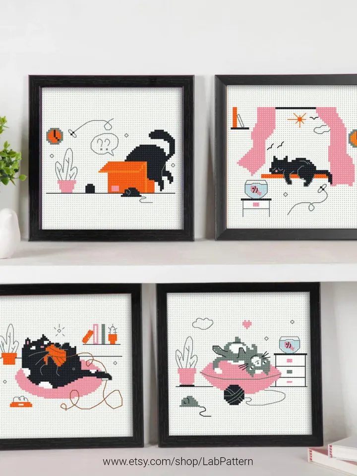 Funny Cat stitch pattern Bundle of 4 ornament Kitten decor Holiday cross stitch pattern, counted, chart, gift DIY, embroidery, instant PDF
