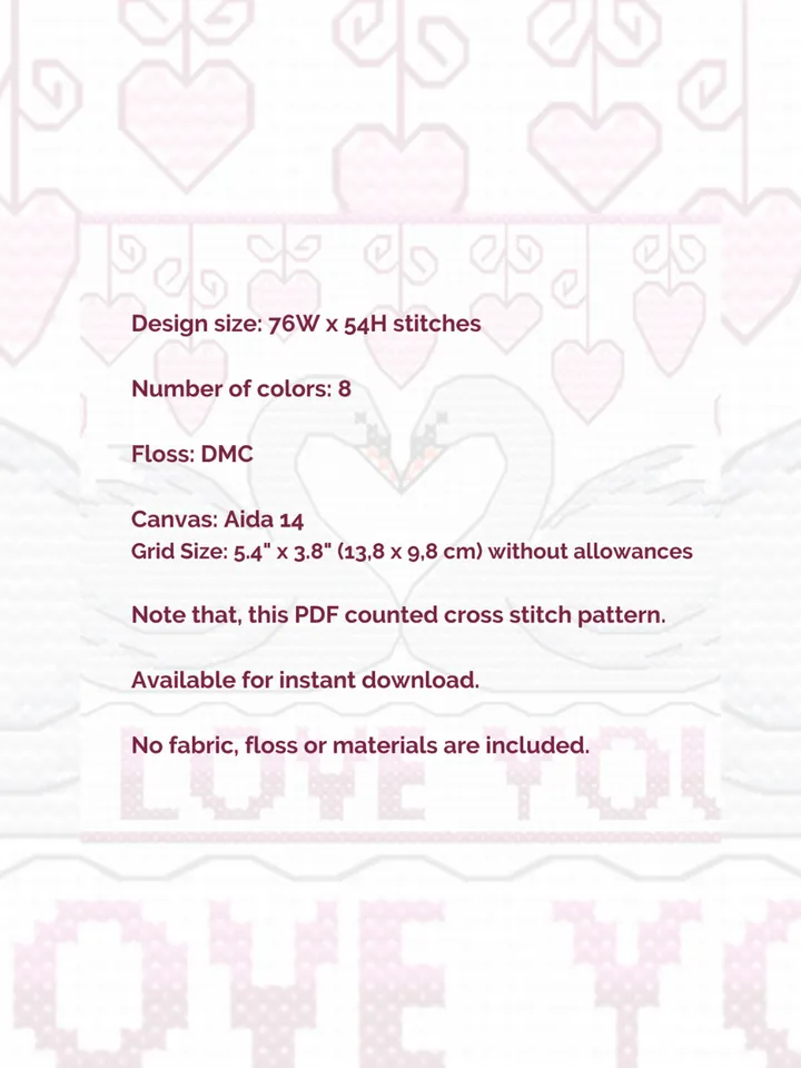 Cross stitch pattern I love you, PDF cross stitch pattern Swans