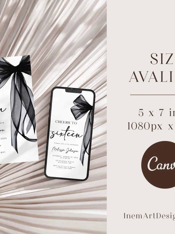 Coquette Black Bow 16th Invitation, Editable Sixteenth Birthday Party Invite, DIY Digital Black Ribbon, Cheers to Sixteen Invite