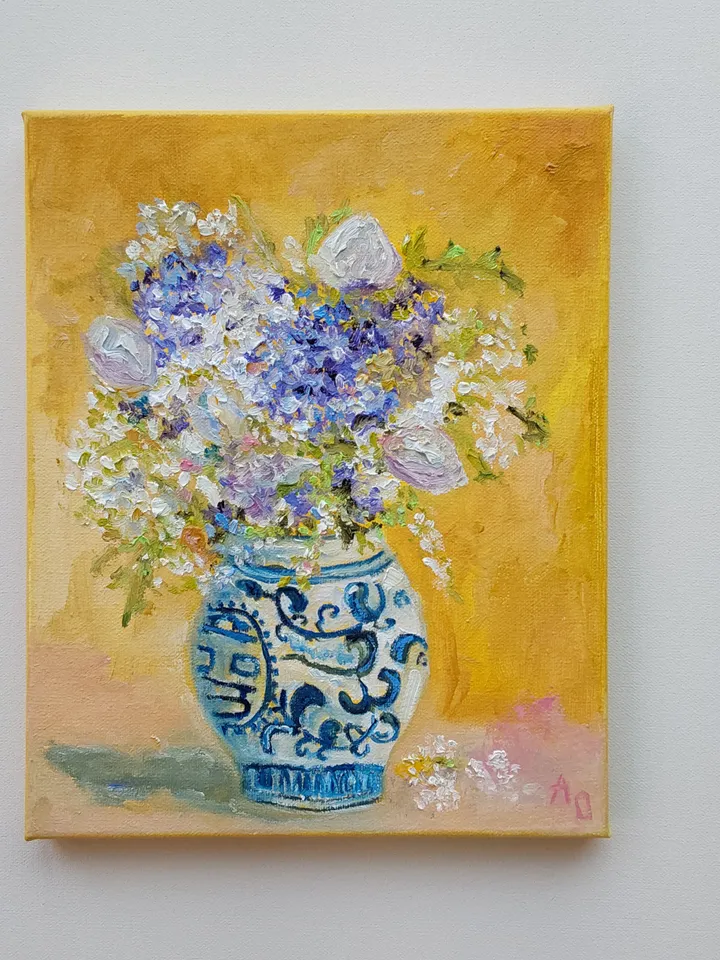 Oil painting on canvas "Still life. Bouquet of lilacs in a Chinese vase" 24x30cm (9.6x12inch)