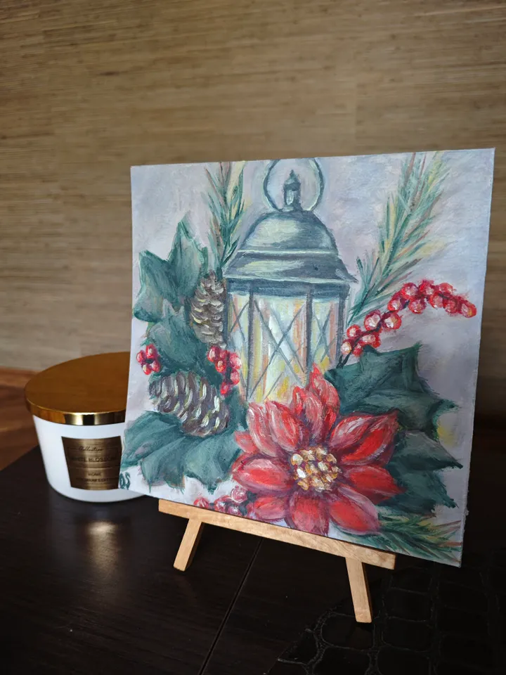Christmas Mistletoe Original Painting Red Mistletoe And Flashlight Original Art X-mas Tree And Mistletoe Artwork Christmas Red Poinsettia Flower Oil Painting 8 x 8 inches by OlgaSokolovaArt
