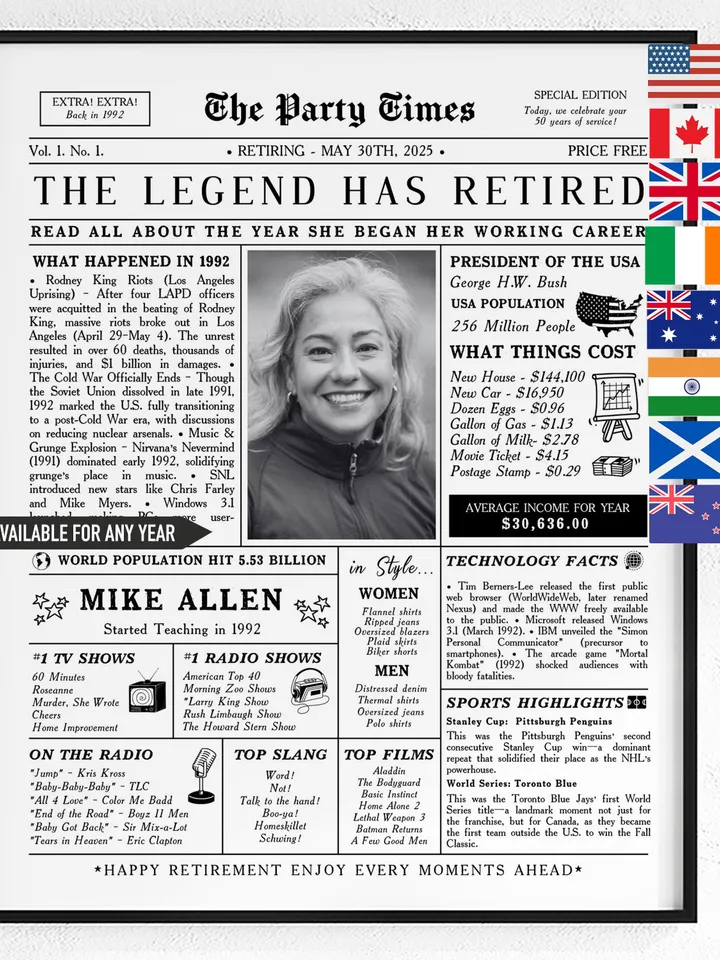 Retirement Newspaper Poster for Women, Unique Retirement Gift Printable, Retirement Decor Sign, Personalized Digital Download