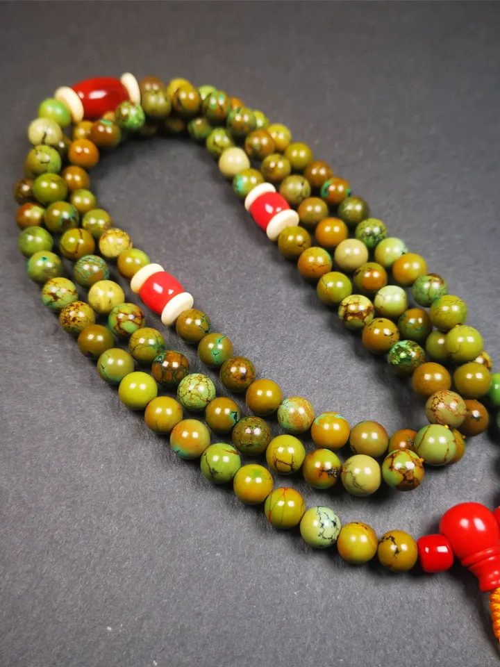 Gandhanra Old 108 Turquoise Beads Mala,Tibetan Prayer Beads for Meditation,Diameter 0.28", Circumference 32 inches