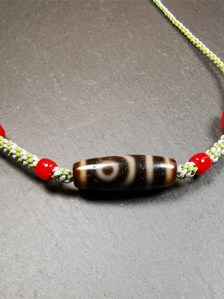 Gandhanra Antique Tibetan 2 Eyed Dzi Bead Necklace, 1.2" x 0.43", 30 Years Old