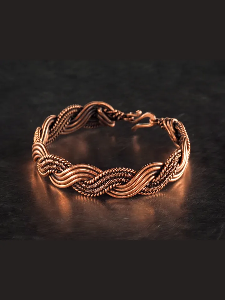 Wire wrapped bracelet, Unique 7th 22nd Anniversary gift idea, Art Nouveau antique style, One of kind braided statement bangle, Handmade oxidized pure copper jewelry, Pain relief, EMF protection