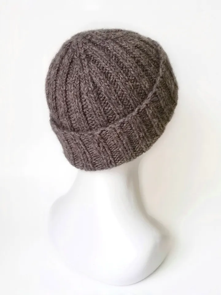 Cozy Men's Alpaca Wool Winter Beanie: Hand-Knitted Brown Hat. Warm Men's Beanie with Folded Brim: Handcrafted Ribbed Cap. FREE SHIPPING!