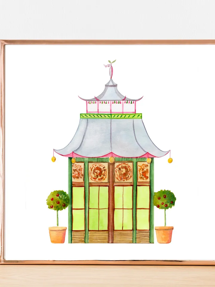 Pagoda Chinoiserie Watercolor Painting Asian Print Architectural Grandmillennial Chinoiserie Chic Pagoda Picture Chinese Art Japanese Print