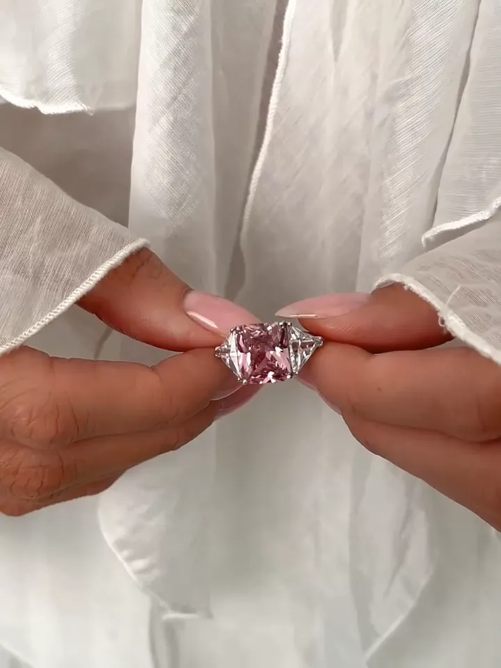 Ring silver 925 women's volumetric, ring with pink cubic zirconia