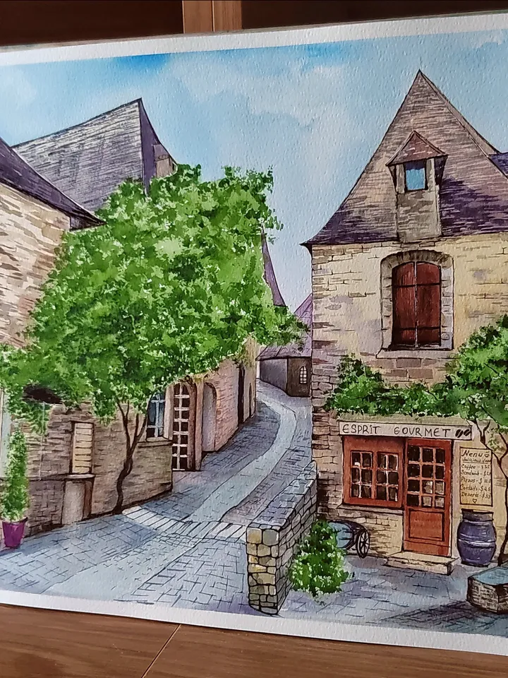 Beynac et Cazenac Village Painting French Village Landscape Artwork Original Watercolor Art 11.81x15.74 in by SoftWaves