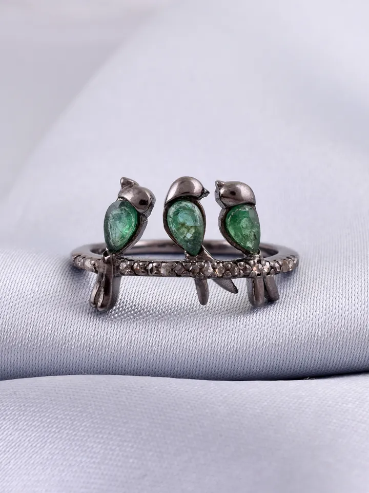 Natural Emerald diamond sterling silver Victorian Ring