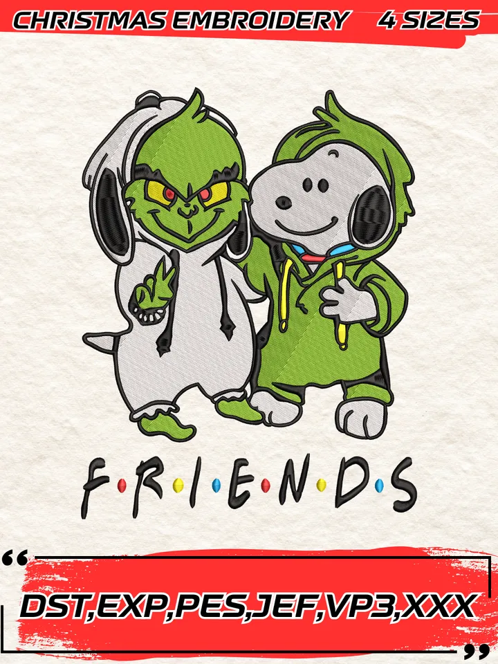 Friends Snoopy And Grinch Embroidery Design Digitized Pattern, Christmas Embroidery Design,4 Sizes,Digital Download
