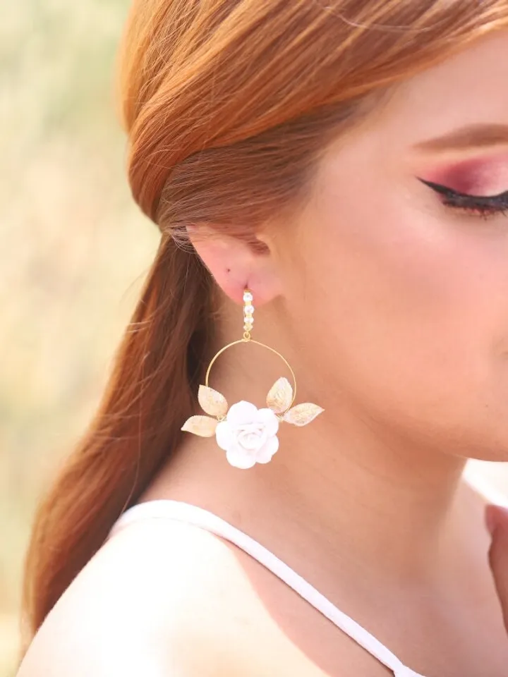 Gold Porcelain Flower Hoop Boho Wedding Earrings, Statement Crystal Leaves Boho Bridal Earrings, Floral Bridal Jewelry, Leaf Wedding Jewelry