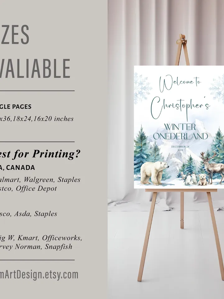 Winter Onederland Boy 1st Birthday Party Welcome Sign, Blue Wonderland Christmas First Snow Poster, Editable Corjl Template - i132