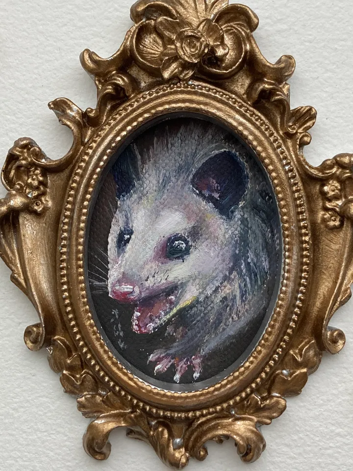 Opossum Oil Painting Original In Vintage Style Frame Small Framed Animals Wildlife Art