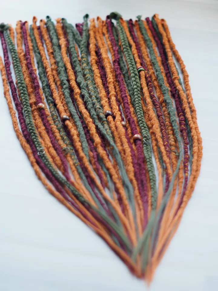 Bohemian Ginger Dreadlocks Earthy Red Green Faux Locs with Bead Thread Details Single or Double Ended Handmade Boho Hair Extensions