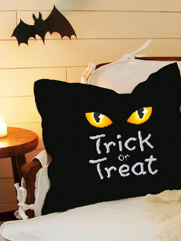 Trick or treat cross stitch pattern PDF download Black cat cross stitch chart, Halloween pattern digital PDF, Cat eyes, Halloween quote #H11