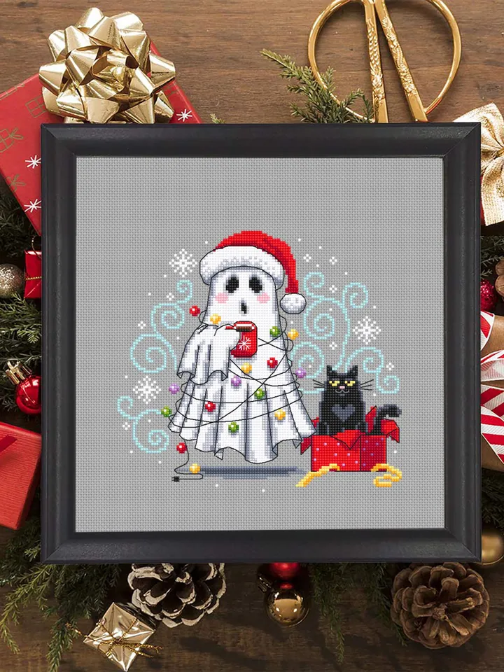 Christmas ghost with black cat cross stitch pattern PDF instant download Cute ghost cross stitch chart, Christmas pattern digital PDF #N151