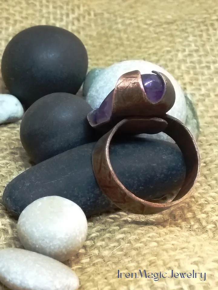 Copper Amethyst Oval Ring Boho Tribal Handmade