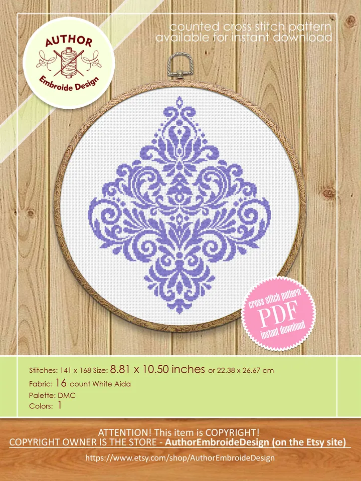 Floral damask ornament cross stitch pattern PDF download Flower mandala cross stitch chart, Floral scroll, Damask pattern digital PDF #M252