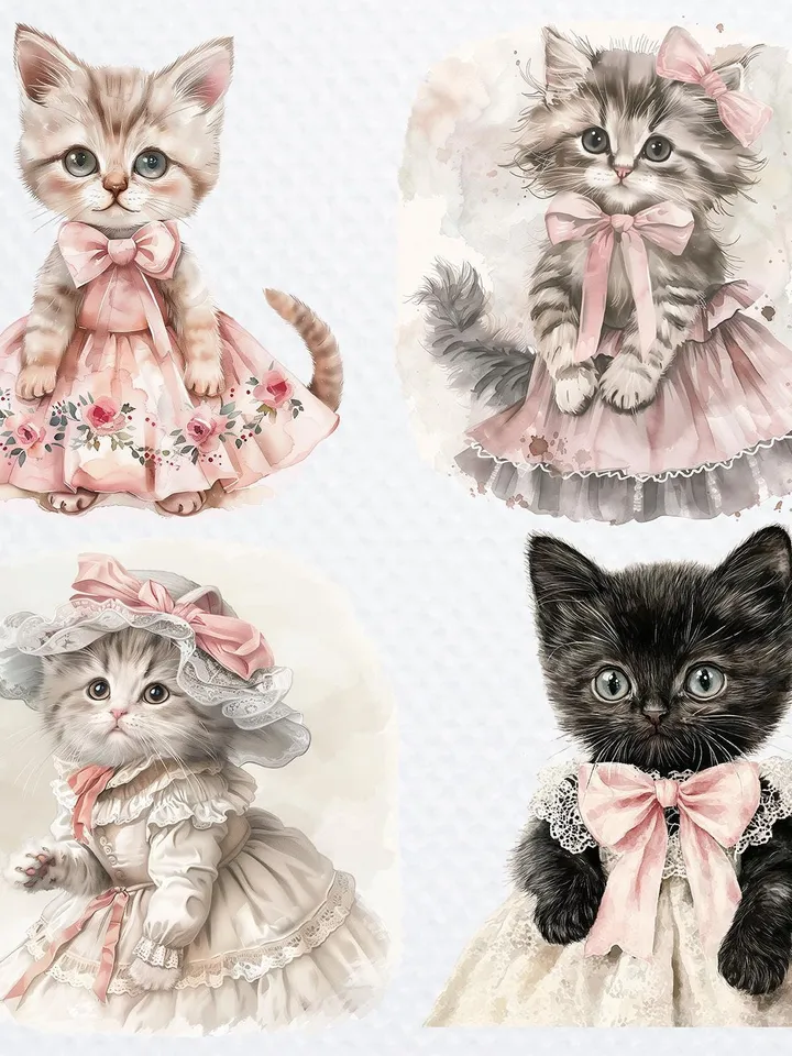 18 Kitten in dress PNG bundle, Floral Kitten Shabby Chic Clipart, Printable Watercolor floral cat Clipart for sublimation, junk journal