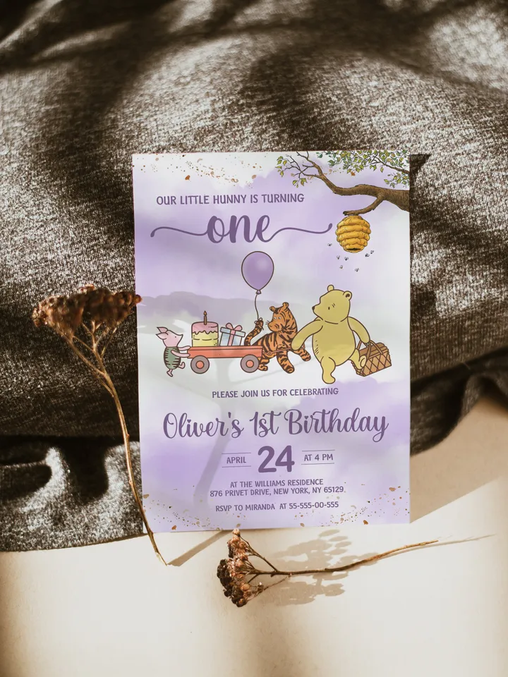 Classic Winnie Pooh Baby Birthday Invitation; Winnie Pooh Baby Birthday ; Greenery Baby Birthday; Honey Bear Birthday; Winnie Pooh wp