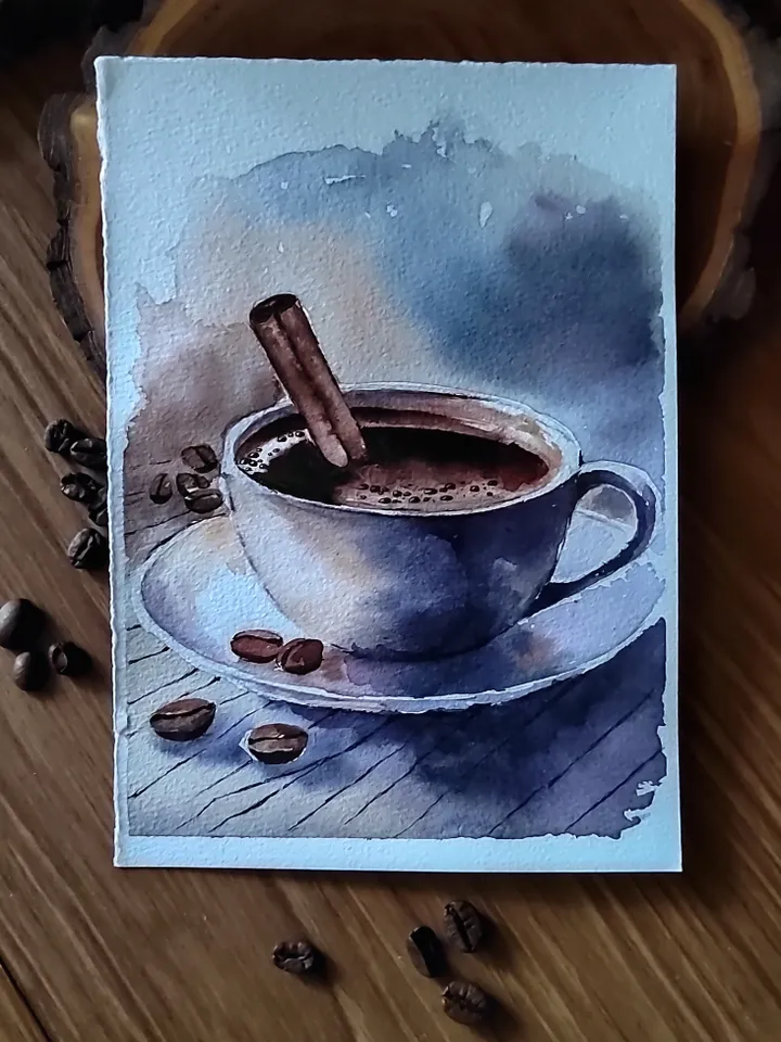 Coffee Cup Painting Original Watercolor Art 5.9x8.29 in by Art Café