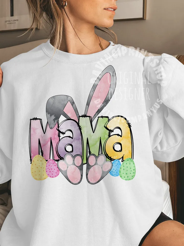 Watercolor Doodle Bunny Mama PNG, Digital Download with Doodle Letters, Easter PNG, Easter Design File For Sublimation, Digital Download