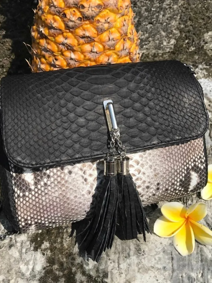 Small Black And Gray Chain Crossbody Bag | Classy Women Purse | Exotic Leather Bags | Handmade Snake Small Tassel Bag | Snakeskin clutch