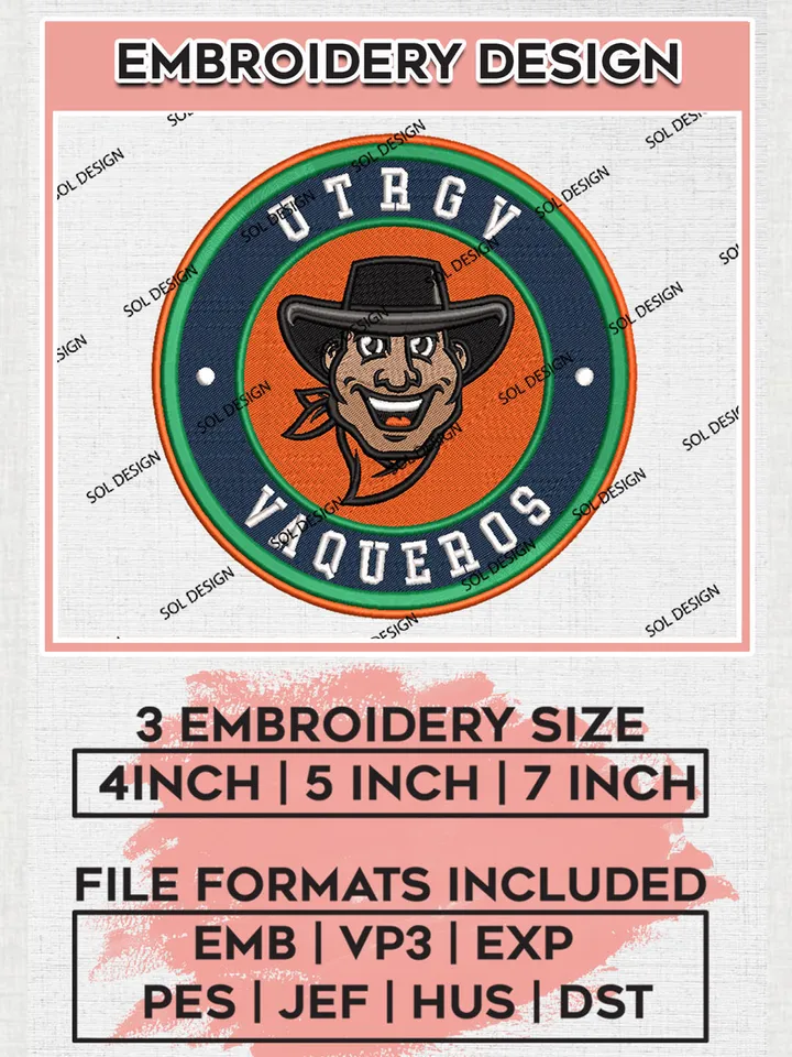 NCAA UT Rio Grande Valley Vaqueros Round Logo Embroidery, NCAA UT Rio Grande Valley Vaqueros Embroidery Design files, NCAA Teams, NCAA Machine embroidery designs, Digital Download