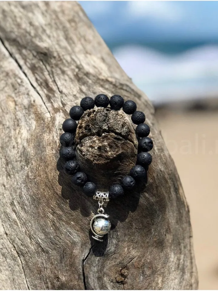 Lava Stone Globe Pendant woman handmade beaded bracelet | Gift for travellers | Spinning Pendant Jewerly | Bali Lava Jewerly Bracelet