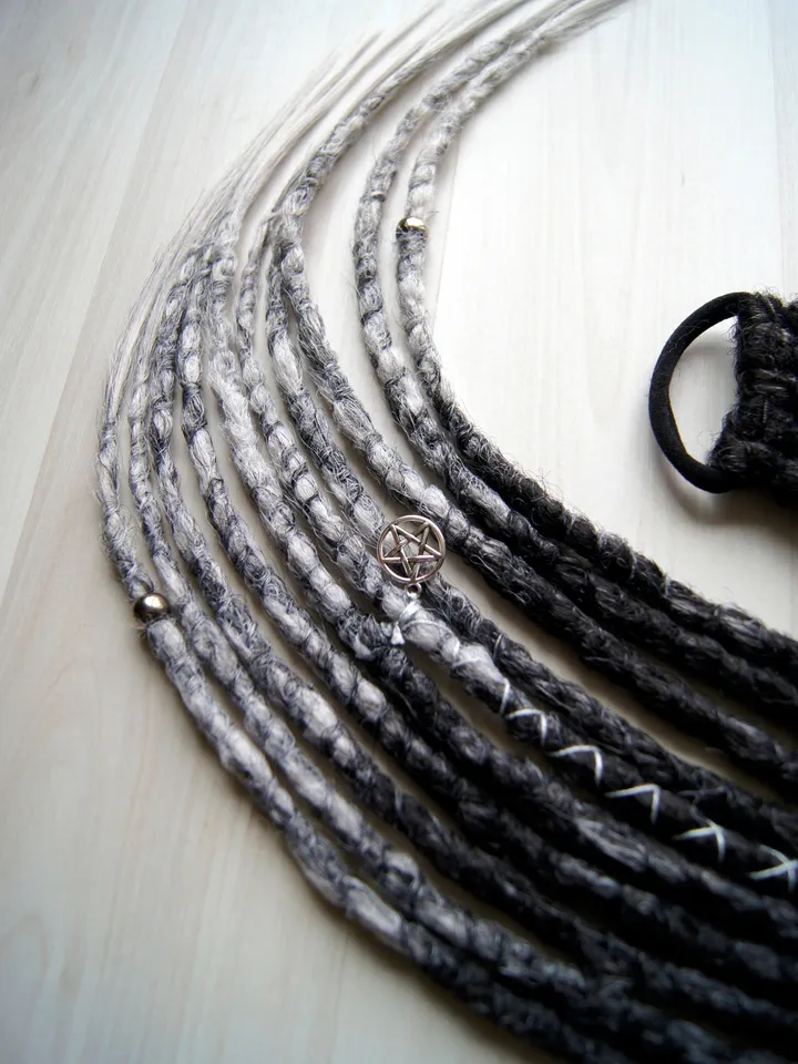 Dreads on hair tie Ponytail Black to Gray Synthetic Dreadlock Extensions Witch Goth hair Locks on elastic band