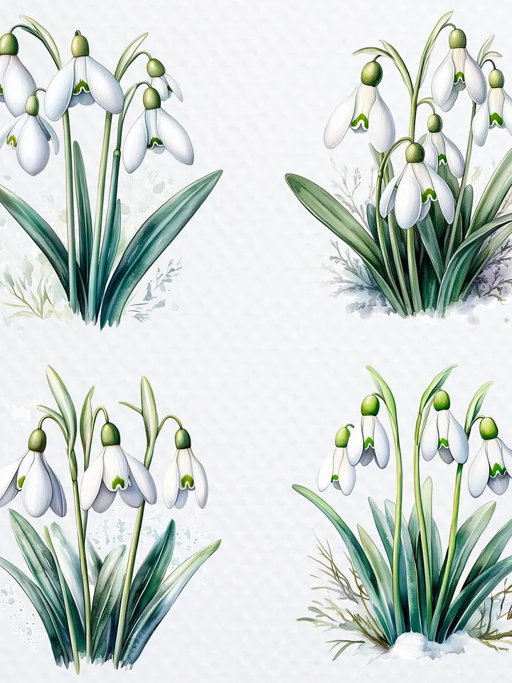 16 Snowdrops Bundle, Spring Flowers Printable Watercolor PNG Digital Clipart for sublimation, High Quality PNGs, Paper craft, junk journals