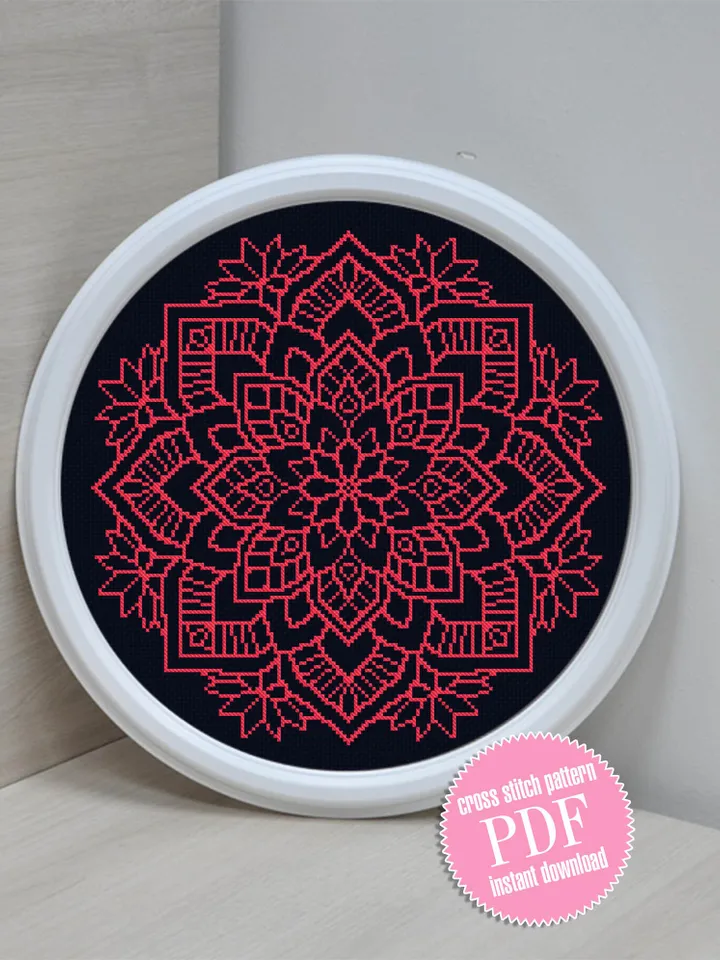 Flower mandala cross stitch pattern download PDF Monochrome cross stitch Modern mandala embroidery Floral ornament cross stitch chart #M87
