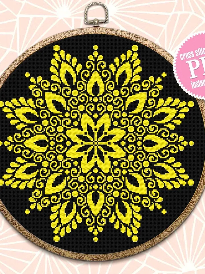 Mandala cross stitch pattern download PDF Flower mandala pattern digital PDF, Monochrome cross stitch chart Quick cross stitch sampler #M122