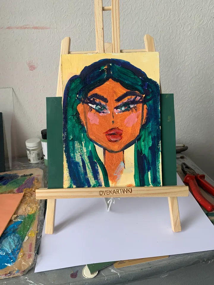 portrait of a girl with green hair bright mini-painting acrylic