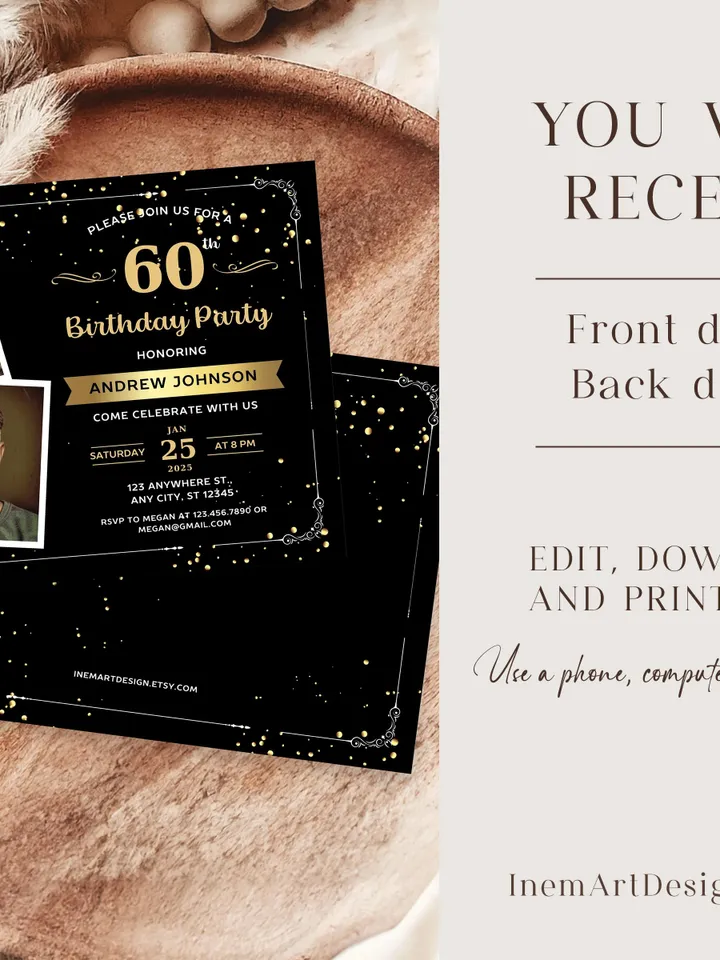 60th Birthday invitation with Photo | Adult Birthday Photo Invite | Mens birthday Black Gold landscape invitation card | Canva template
