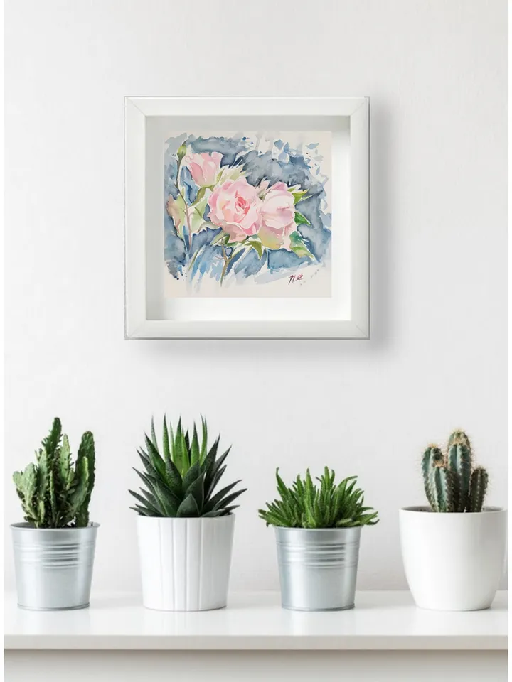 Rose Painting Floral original art 6 by 6 Pink Flower watercolor Pink rose wall art Rose aquarelle by Natalia Plotnikova