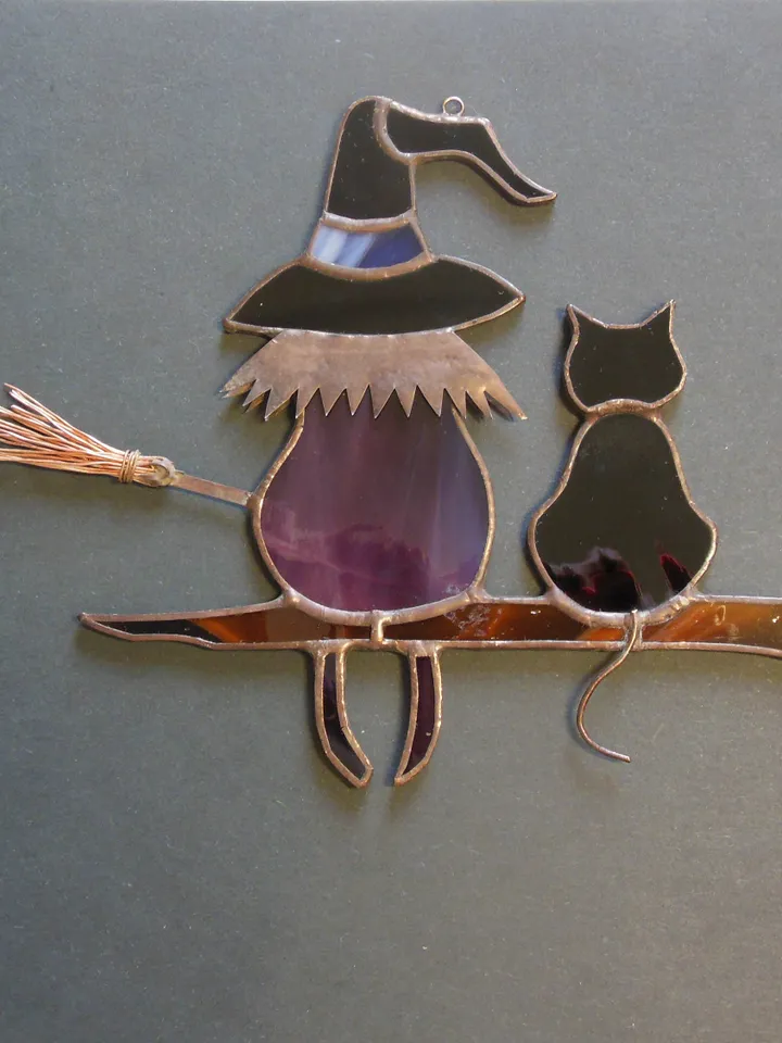 Victorian Witch with Black Cat Halloween , Art stained glass window hanging Suncatcher