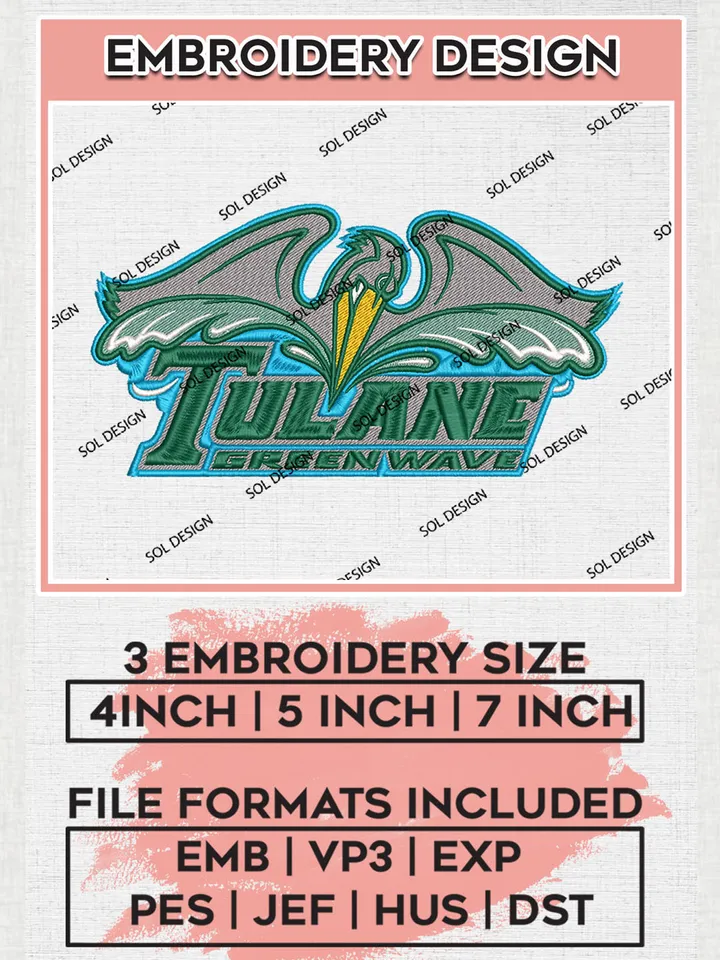 Tulane Green Wave Football Team Logo Embroidery Design Files, NCAA Tulane Green Wave Machine Embroidery, NCAA Teams, 3 sizes, NCAA Machine embroidery designs, Digital Download