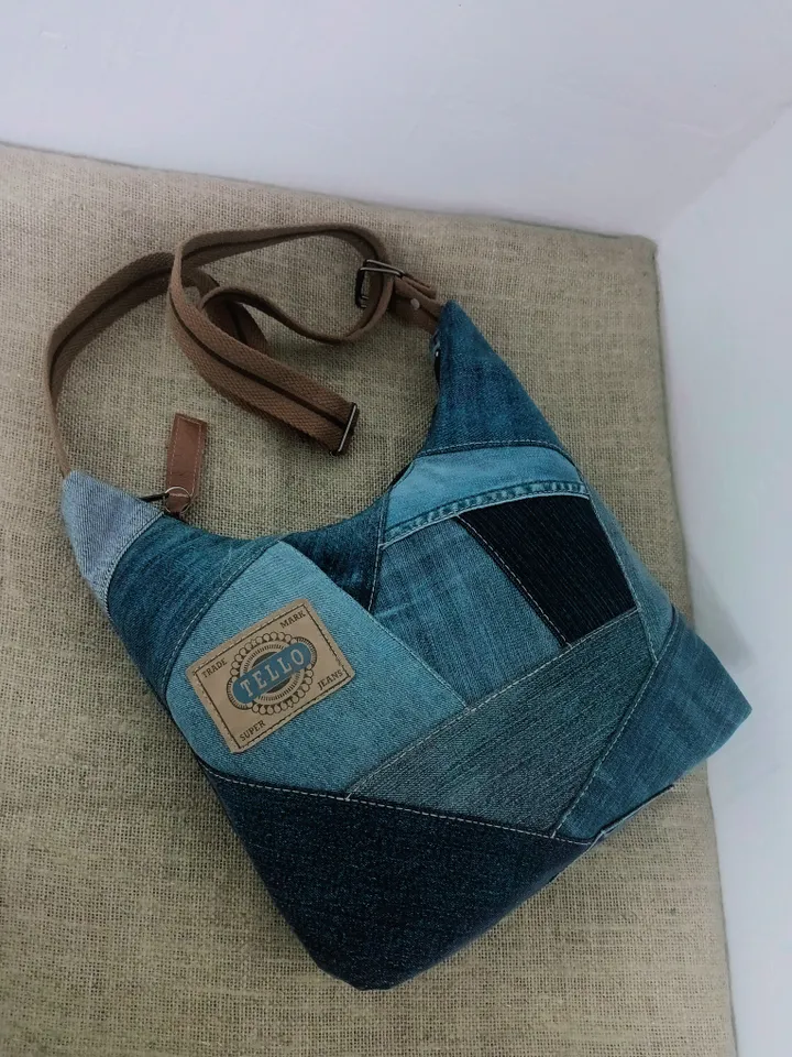 Comfortable Denim hobo bag, crossbody bag, gift for her, market bag, shabby  jeans, recycling jeans, hand bag, shoulder bag, shopping bag.