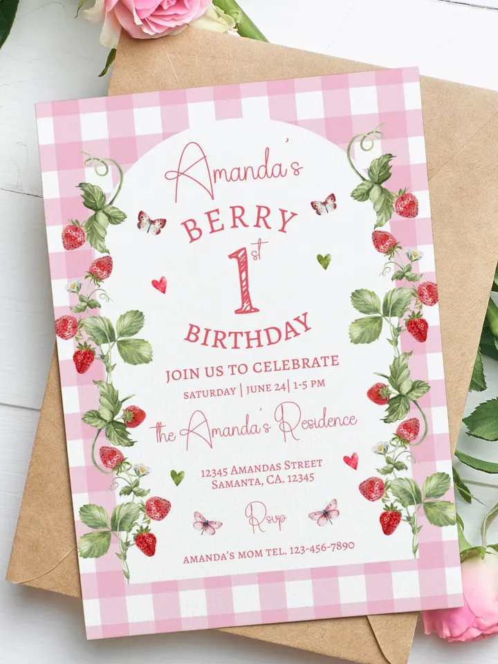 EDITABLE Pink Gingham Berry First Birthday Invitation, Berry First Birthday Digital Invitation Birthday, Strawberry First Birthday Invite