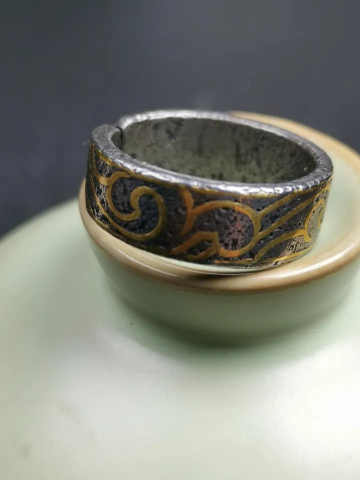 Gandhanra Unique Tibetan Cloud Pattern Ring | Cold Iron & Copper Inlay | Adjustable US Size 10 | Protection Jewelry