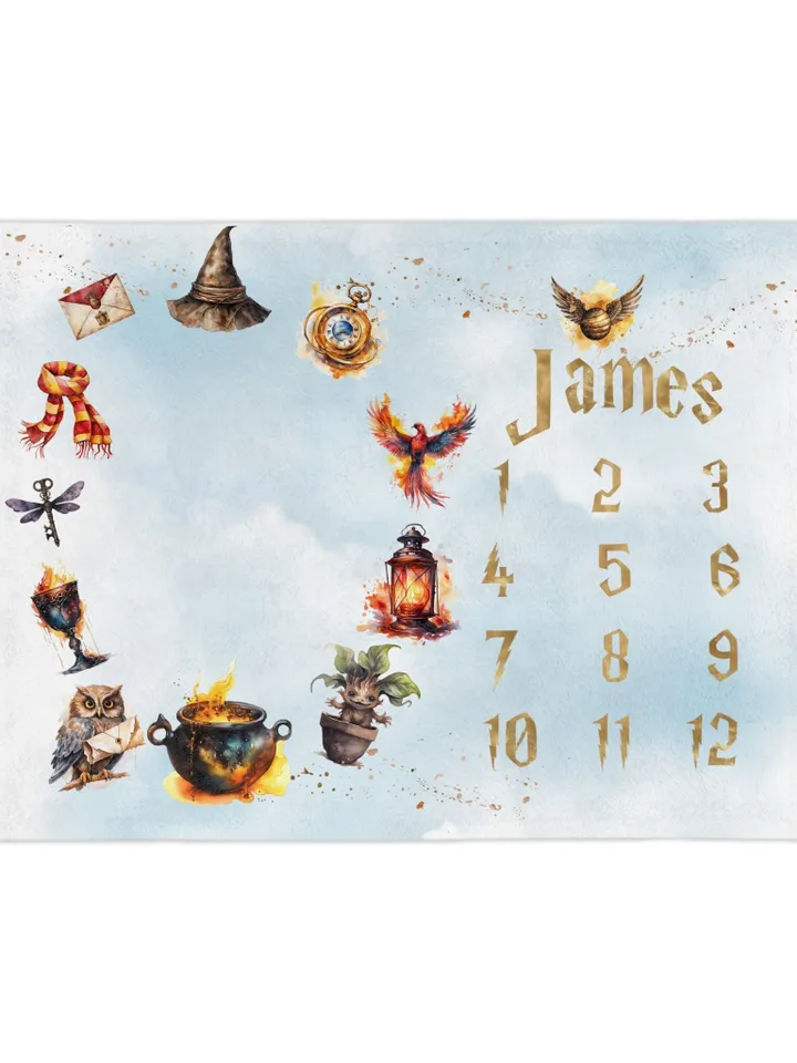 Wizarding World Milestone Baby Blanket; Magic School Baby Blanket Owl Key Magic World Custom Wizard Blanket Gift for Baby Blanket WBB12