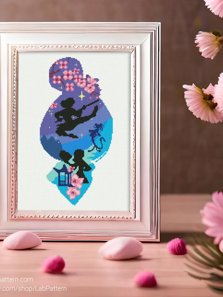 Mulan silhouette princess Cross stitch patterns, Love, Sakura, nursery, decor, beginner counted modern chart gift DIY embroidery instant PDF