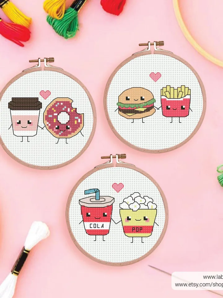Bundle 4 Mini Foodie Couples Love Cross stitch patterns, Valentine's Day, beginner counted, modern chart, gift DIY, embroidery, instant PDF