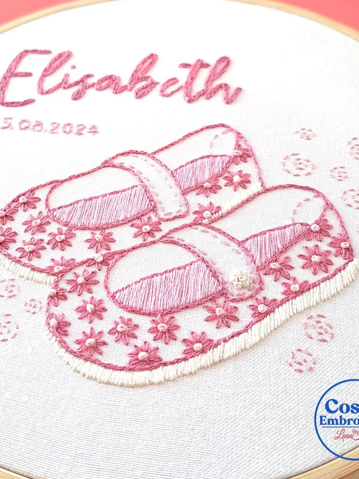 Personalized Baby Name Embroidery Pattern PDF Custom Pink Floral Girl Shoes Design Nursery Wall art DIY Birth Announcement Handmade Hoop Art