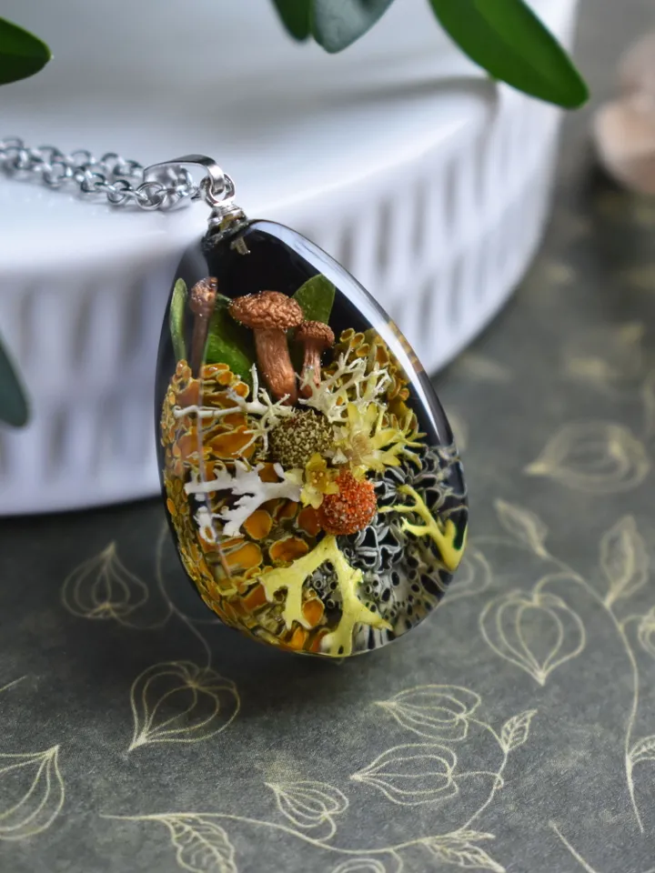 Lichen and mushroom pendant. Pendant with lichen in resin. Necklace with real lichen. Forest medallion with lichen and moss in resin.